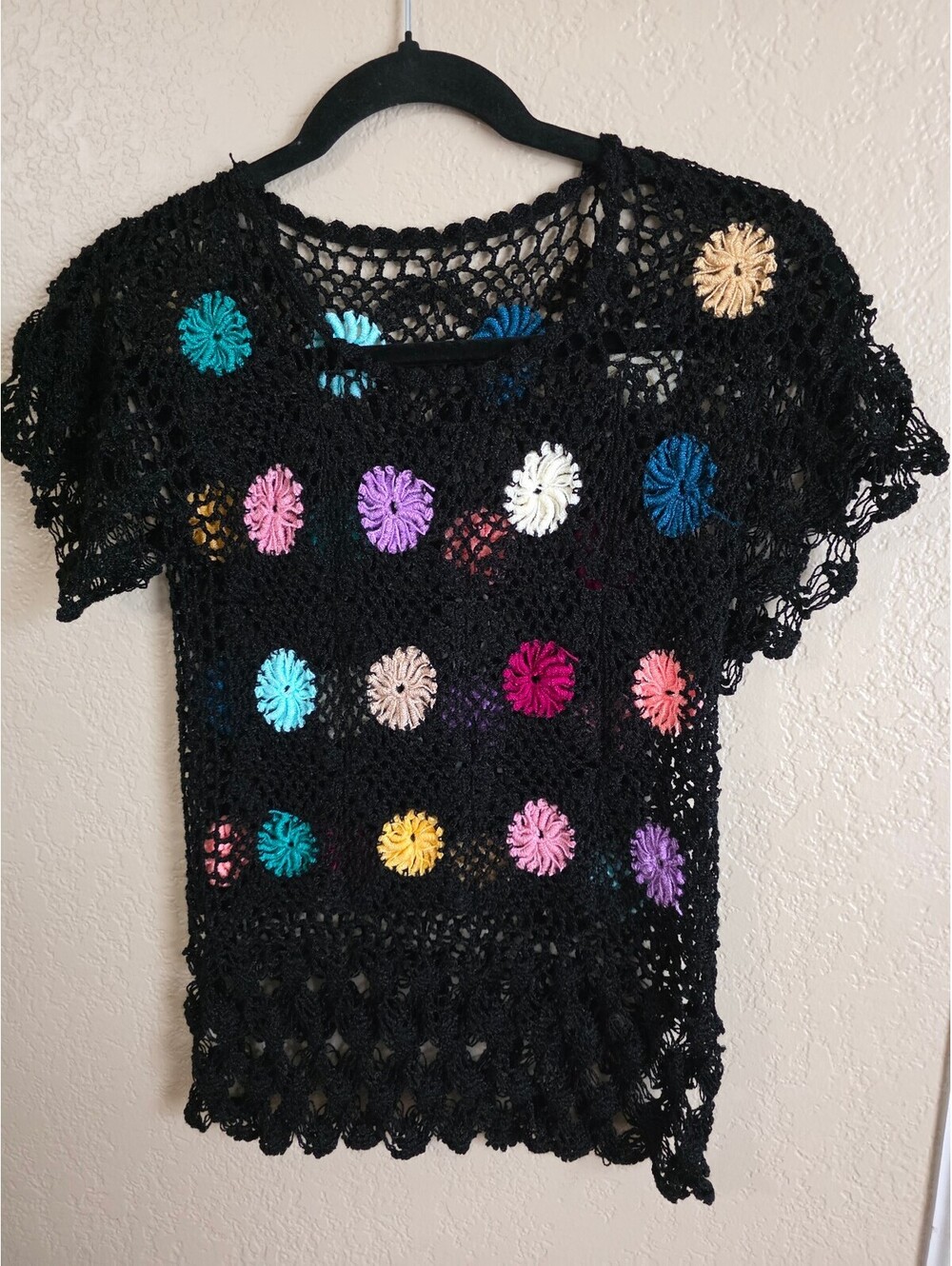 Black Boho Crochet Short Sleeve Top with Colorful Floral Accents Open Knit M